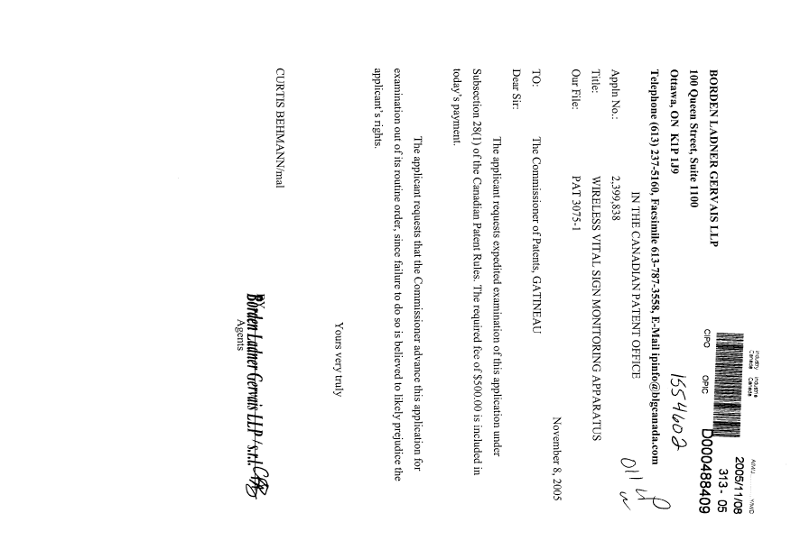Document de brevet canadien 2399838. Poursuite-Amendment 20051108. Image 1 de 1