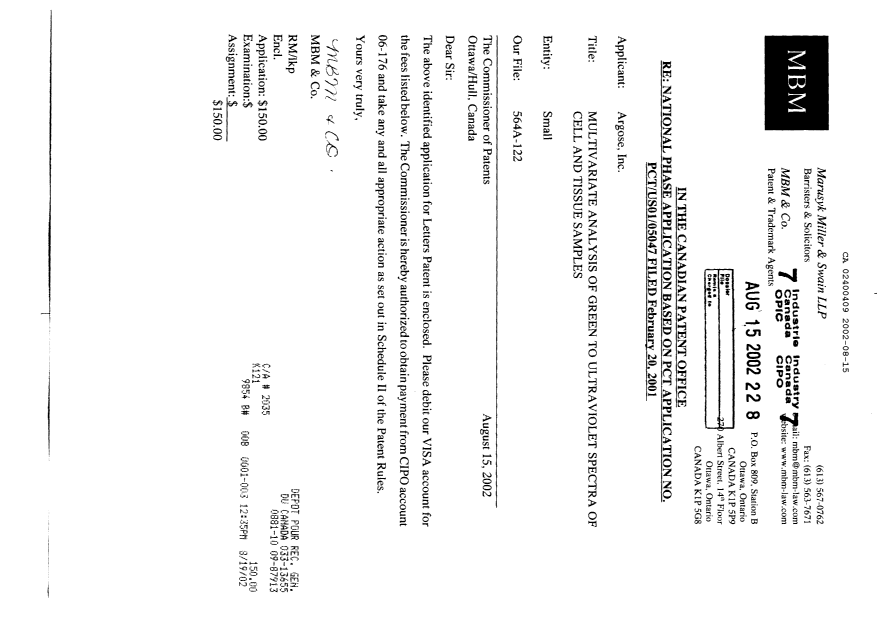 Document de brevet canadien 2400409. Cession 20020815. Image 1 de 3