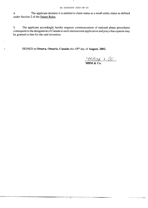Document de brevet canadien 2400409. Cession 20020815. Image 3 de 3