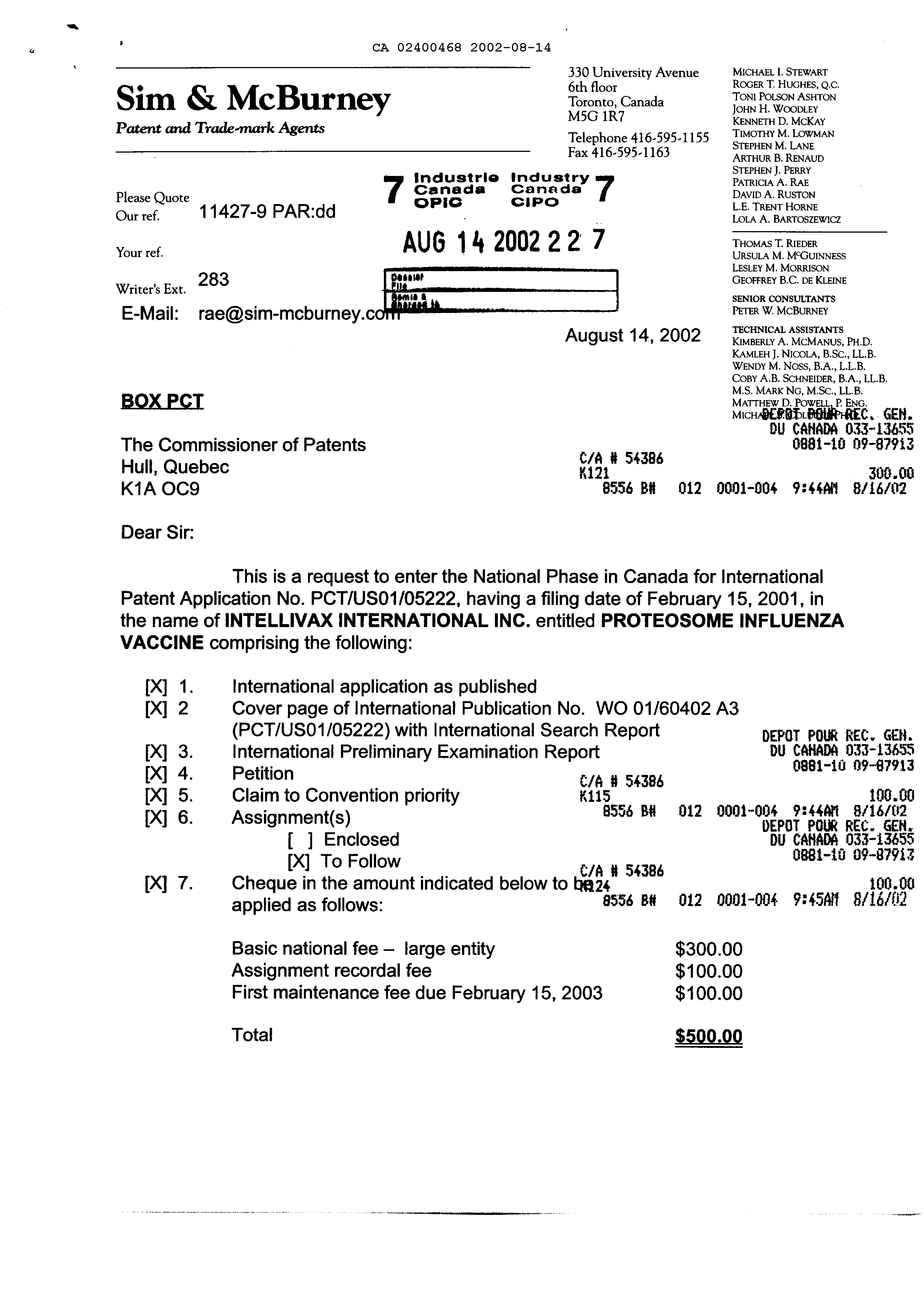 Canadian Patent Document 2400468. Assignment 20020814. Image 1 of 3