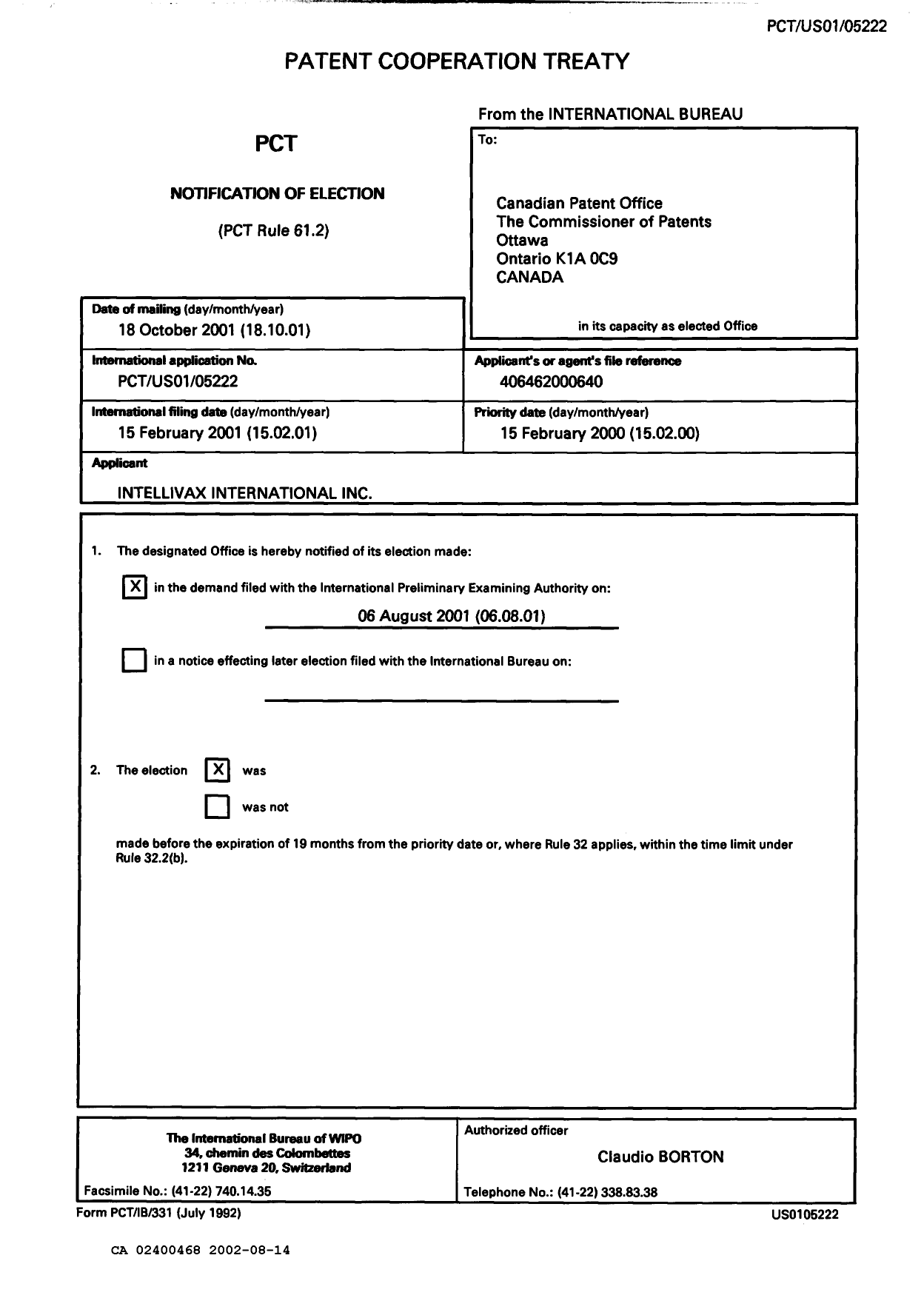 Document de brevet canadien 2400468. PCT 20020814. Image 1 de 15