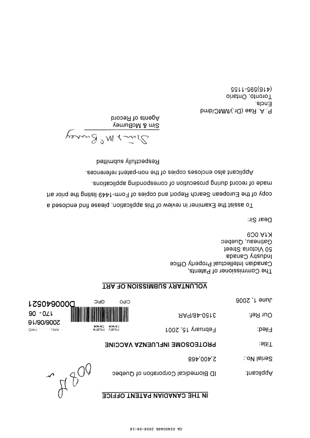 Document de brevet canadien 2400468. Poursuite-Amendment 20060616. Image 1 de 1