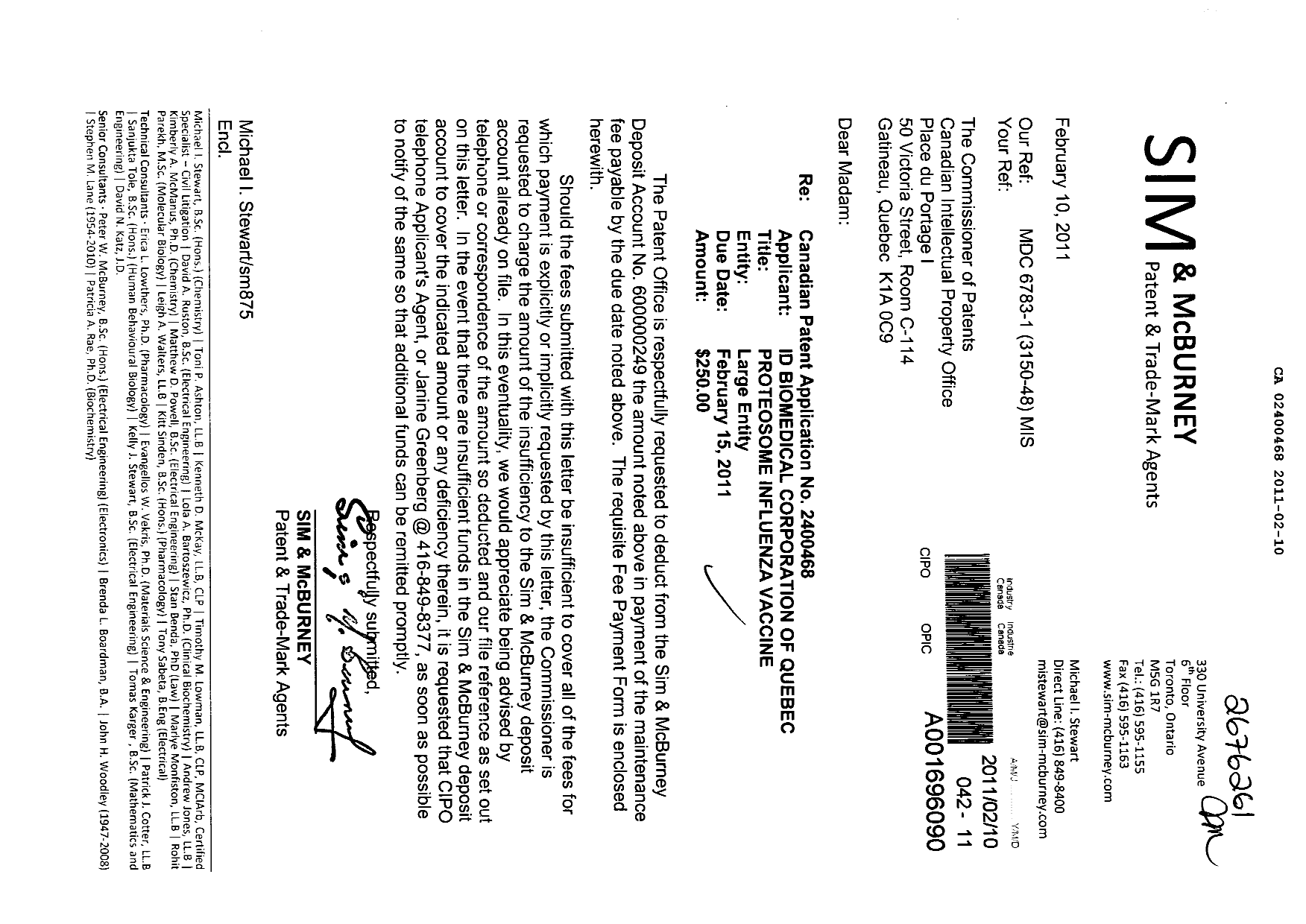 Canadian Patent Document 2400468. Fees 20110210. Image 1 of 1
