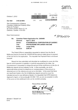 Document de brevet canadien 2400468. Correspondance 20121003. Image 1 de 1