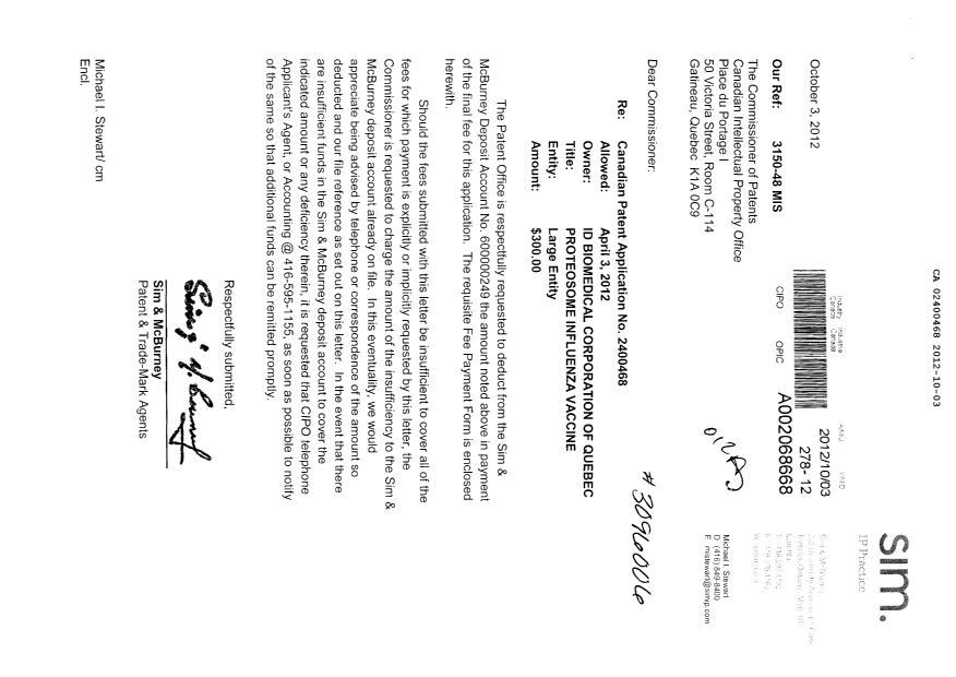 Canadian Patent Document 2400468. Correspondence 20121003. Image 1 of 1
