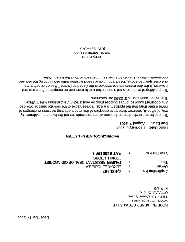 Canadian Patent Document 2400567. Correspondence 20021212. Image 1 of 1