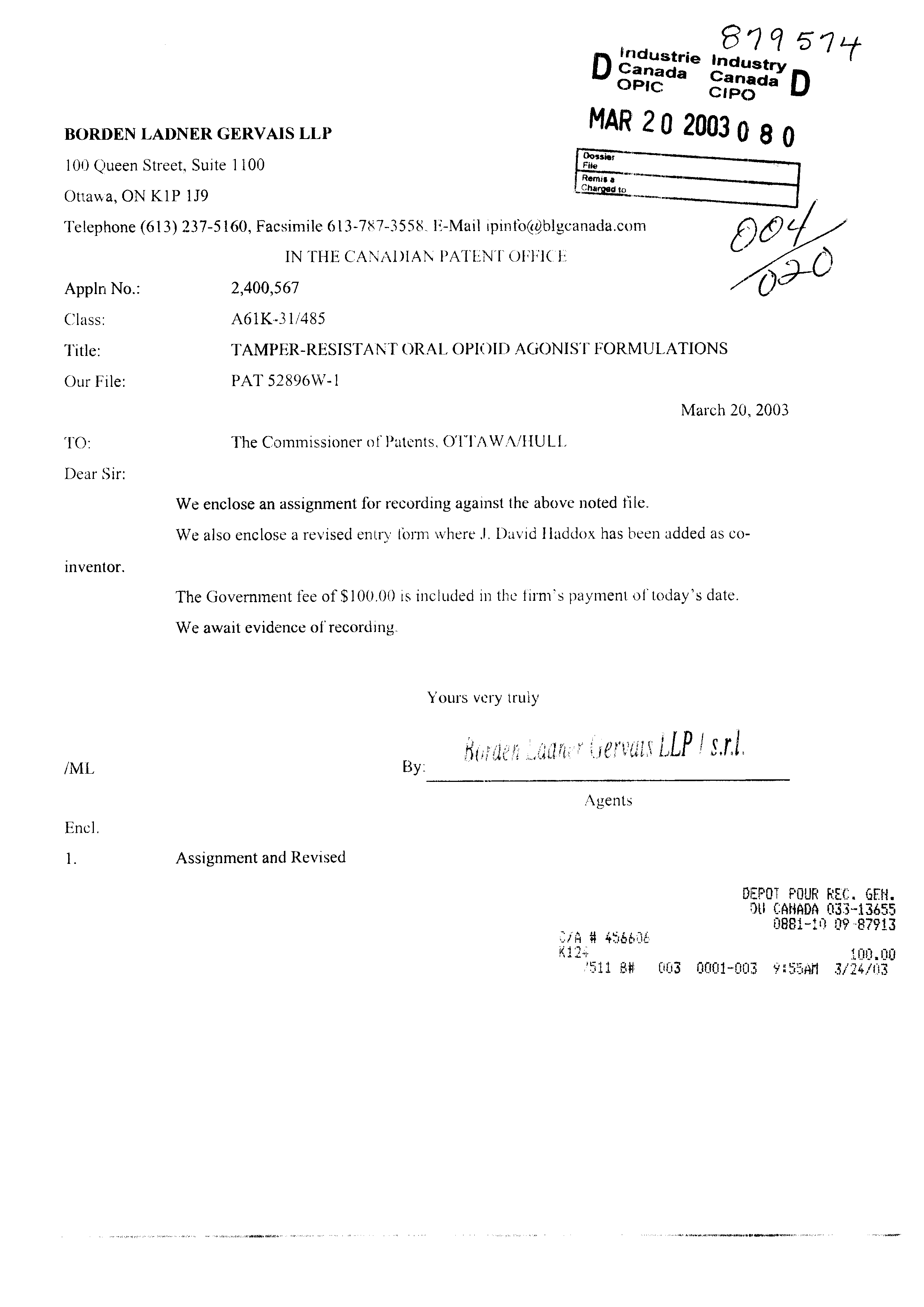 Canadian Patent Document 2400567. Assignment 20030320. Image 1 of 3