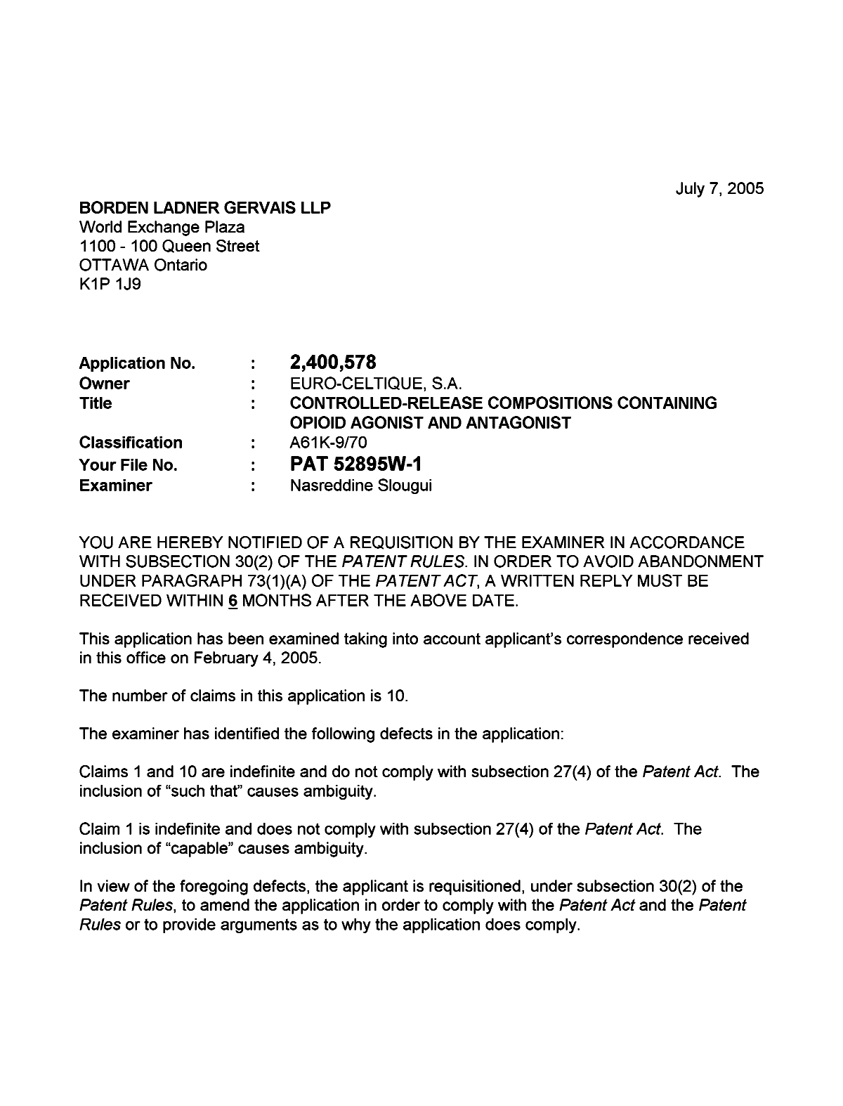 Document de brevet canadien 2400578. Poursuite-Amendment 20050707. Image 1 de 2