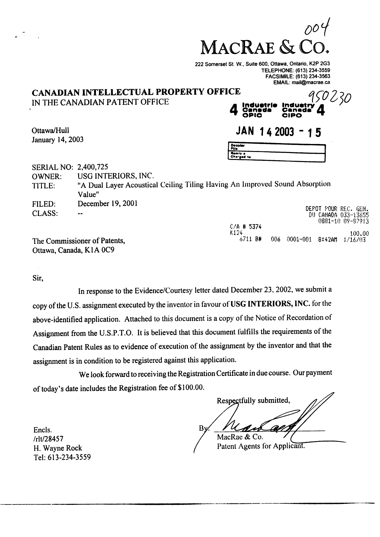 Document de brevet canadien 2400725. Cession 20030114. Image 1 de 6