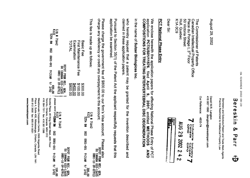 Document de brevet canadien 2400826. Cession 20020829. Image 1 de 4