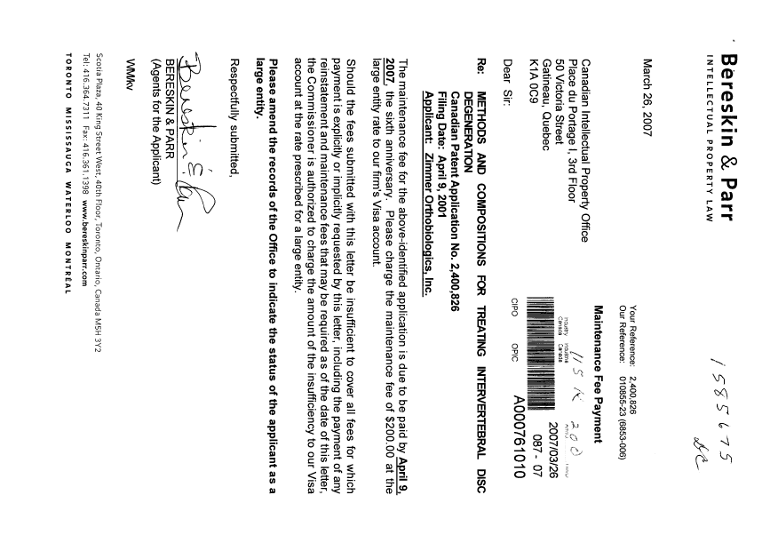 Document de brevet canadien 2400826. Taxes 20070326. Image 1 de 1