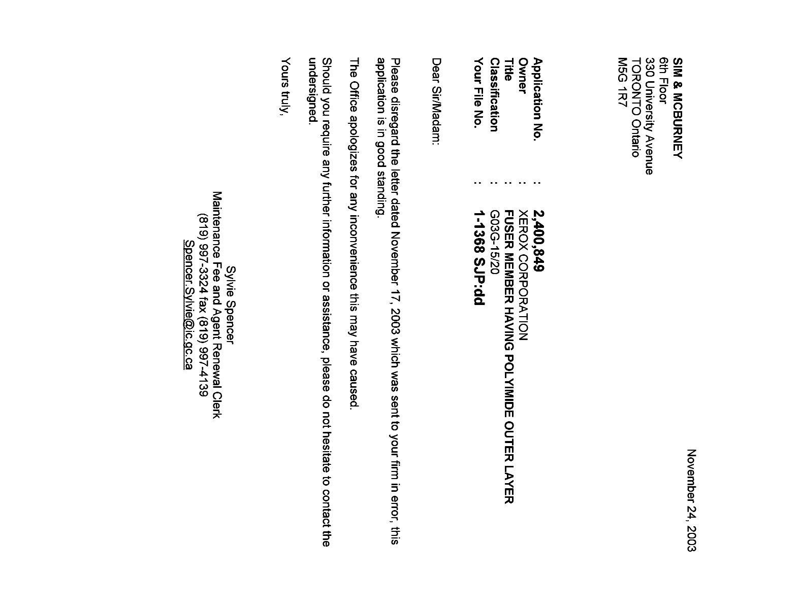 Document de brevet canadien 2400849. Correspondance 20031124. Image 1 de 1