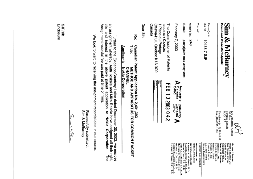 Document de brevet canadien 2401393. Cession 20030210. Image 1 de 3
