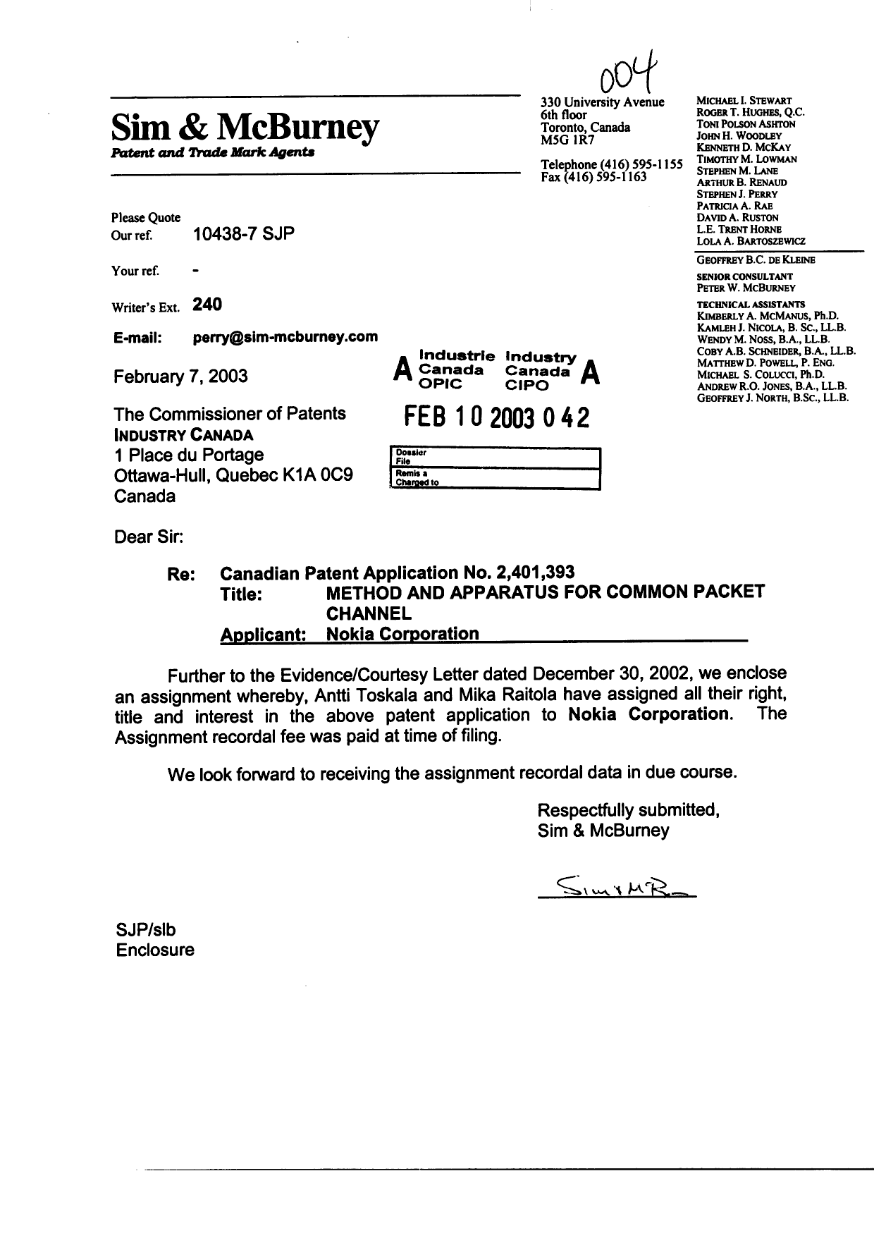 Canadian Patent Document 2401393. Assignment 20030210. Image 1 of 3