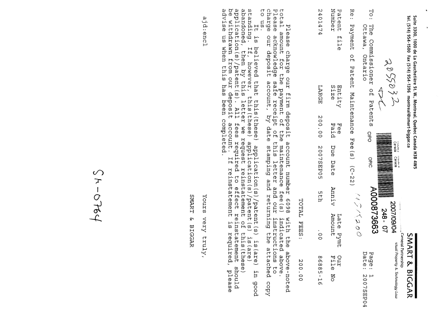 Document de brevet canadien 2401474. Taxes 20070904. Image 1 de 1