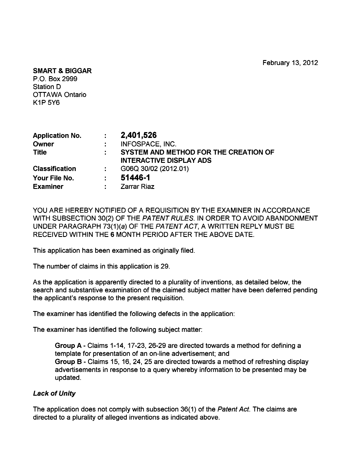 Document de brevet canadien 2401526. Poursuite-Amendment 20120213. Image 1 de 2
