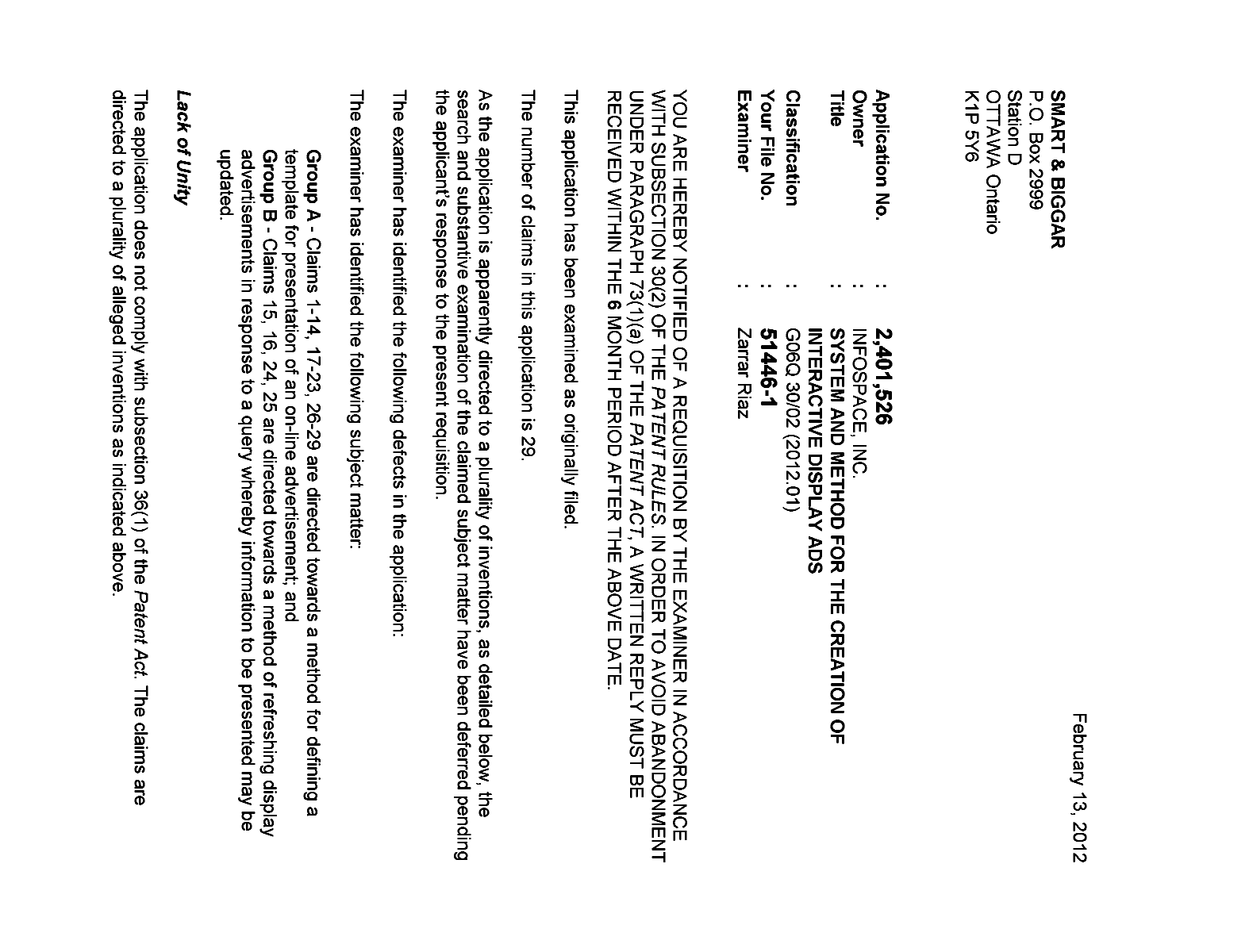 Canadian Patent Document 2401526. Prosecution-Amendment 20120213. Image 1 of 2