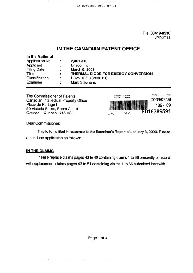 Document de brevet canadien 2401810. Poursuite-Amendment 20090708. Image 2 de 14