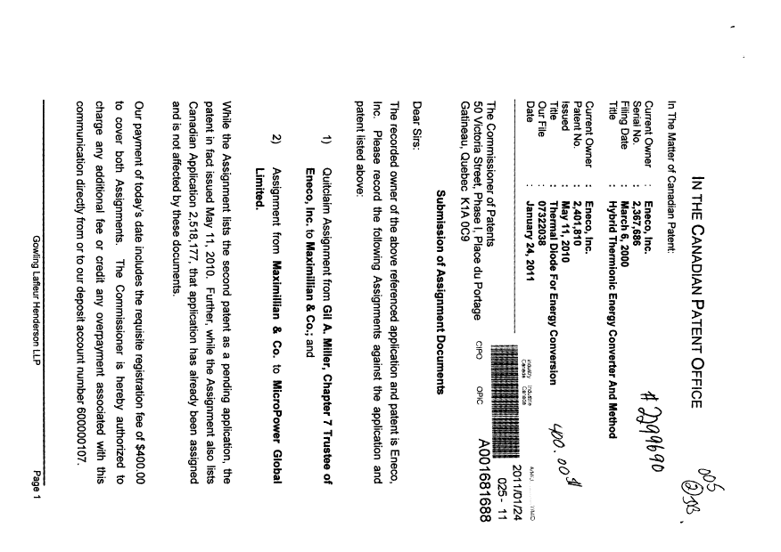 Document de brevet canadien 2401810. Cession 20110124. Image 1 de 10