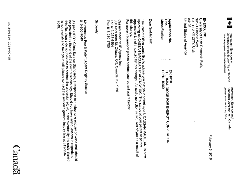 Document de brevet canadien 2401810. Lettre du bureau 20180205. Image 1 de 1