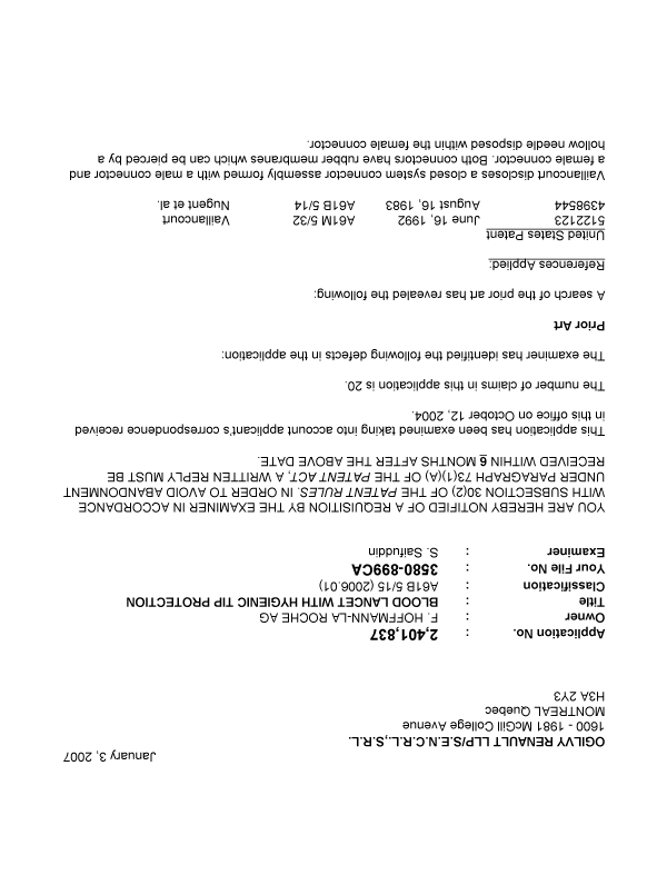 Canadian Patent Document 2401837. Prosecution-Amendment 20070103. Image 1 of 2