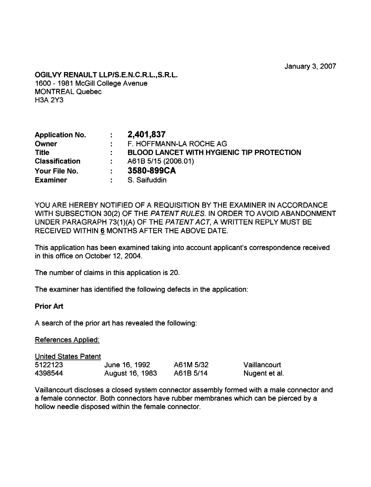 Document de brevet canadien 2401837. Poursuite-Amendment 20070103. Image 1 de 2
