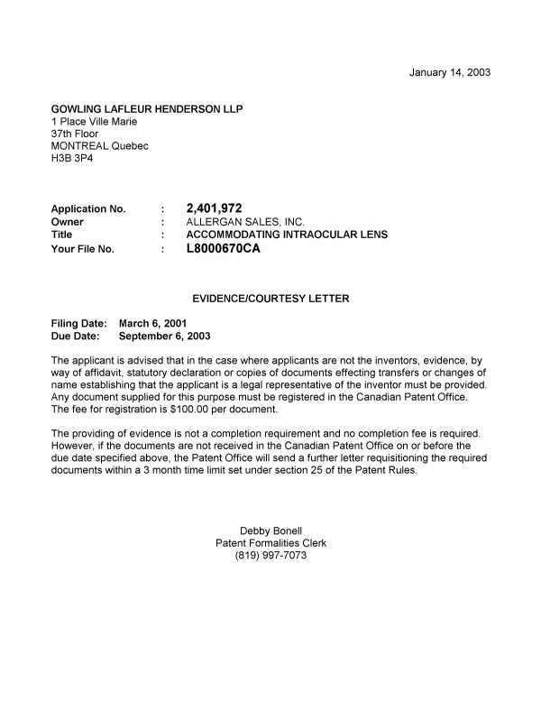 Document de brevet canadien 2401972. Correspondance 20030107. Image 1 de 1