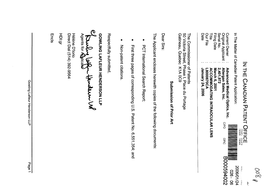Canadian Patent Document 2401972. Prosecution-Amendment 20060124. Image 1 of 1