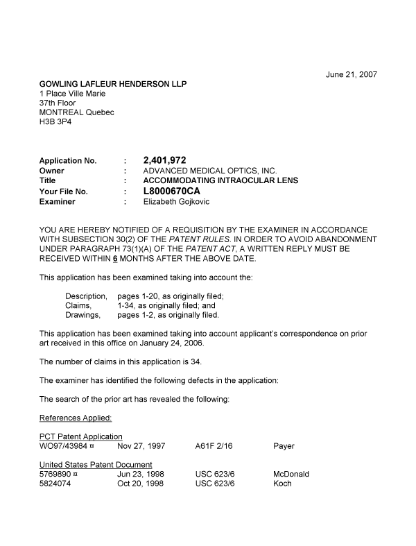 Canadian Patent Document 2401972. Prosecution-Amendment 20070621. Image 1 of 4