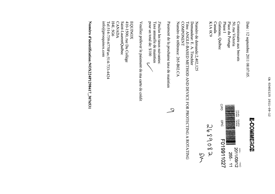 Document de brevet canadien 2402125. Taxes 20110912. Image 1 de 1