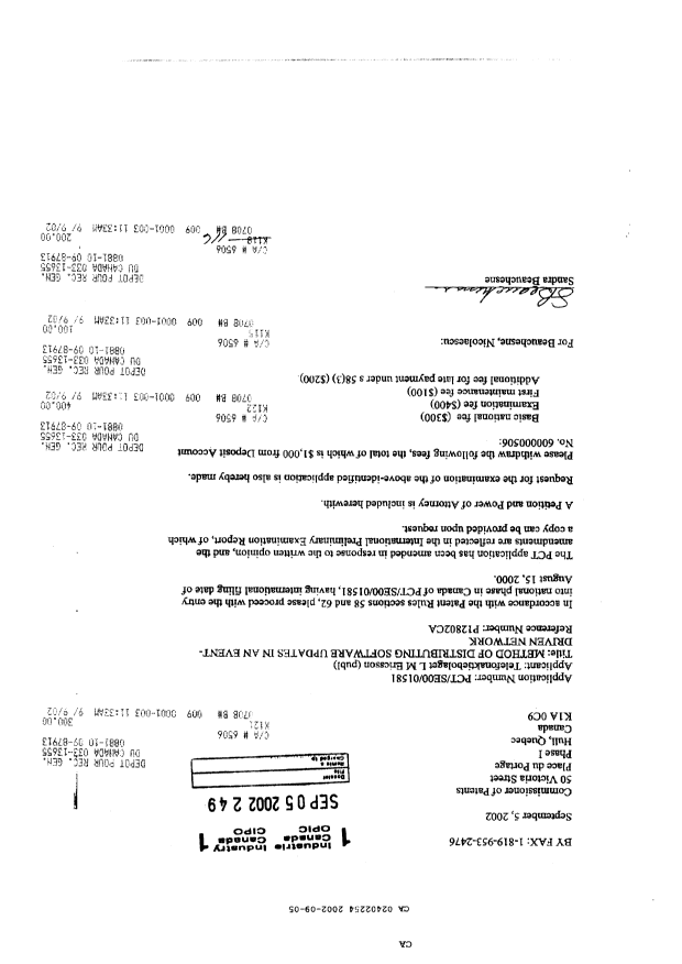 Canadian Patent Document 2402254. Assignment 20020905. Image 1 of 4