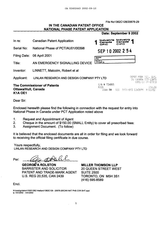 Document de brevet canadien 2402443. Cession 20020910. Image 1 de 3