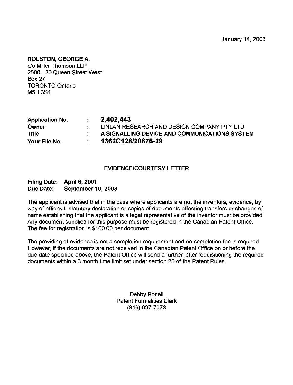 Canadian Patent Document 2402443. Correspondence 20030108. Image 1 of 1