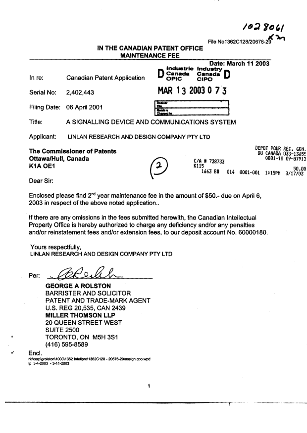Document de brevet canadien 2402443. Taxes 20030313. Image 1 de 1