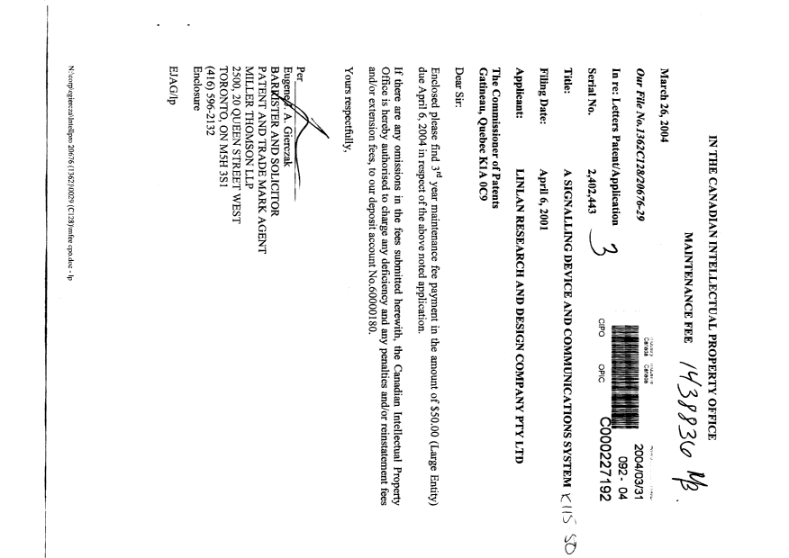 Canadian Patent Document 2402443. Fees 20040331. Image 1 of 1