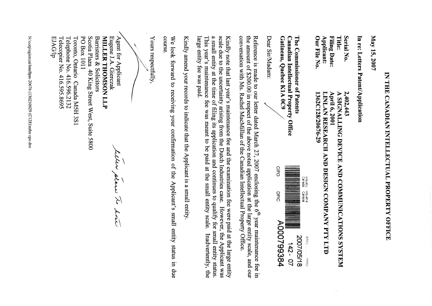Canadian Patent Document 2402443. Correspondence 20070518. Image 1 of 1