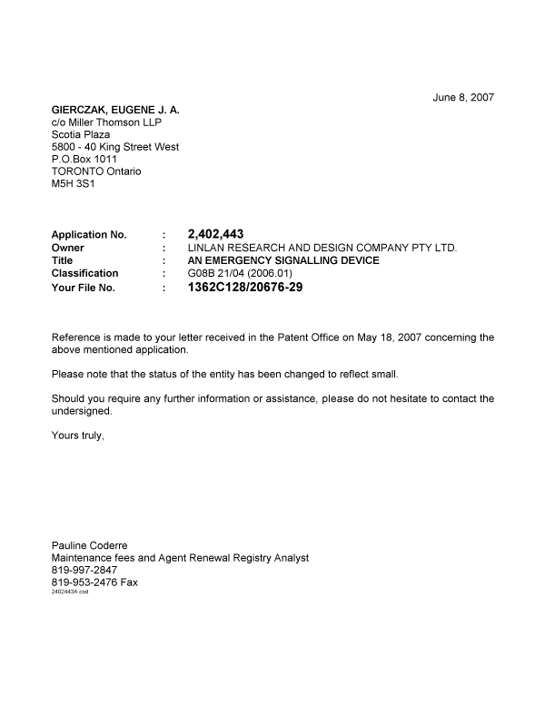 Document de brevet canadien 2402443. Correspondance 20070608. Image 1 de 1