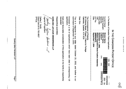 Canadian Patent Document 2402917. Prosecution-Amendment 20040908. Image 1 of 1