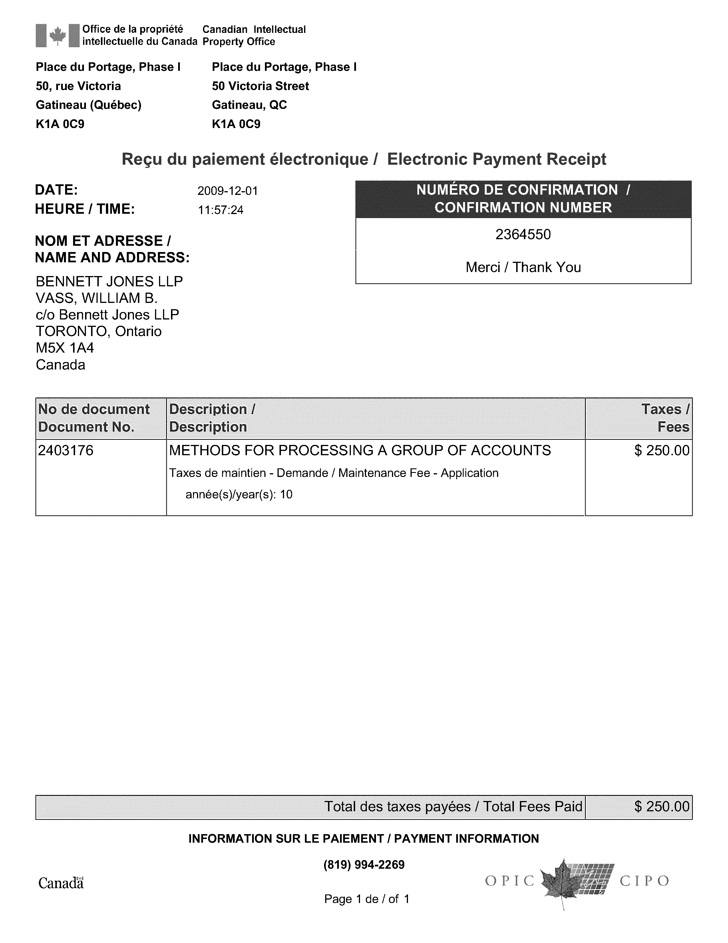 Document de brevet canadien 2403176. Taxes 20091201. Image 1 de 1