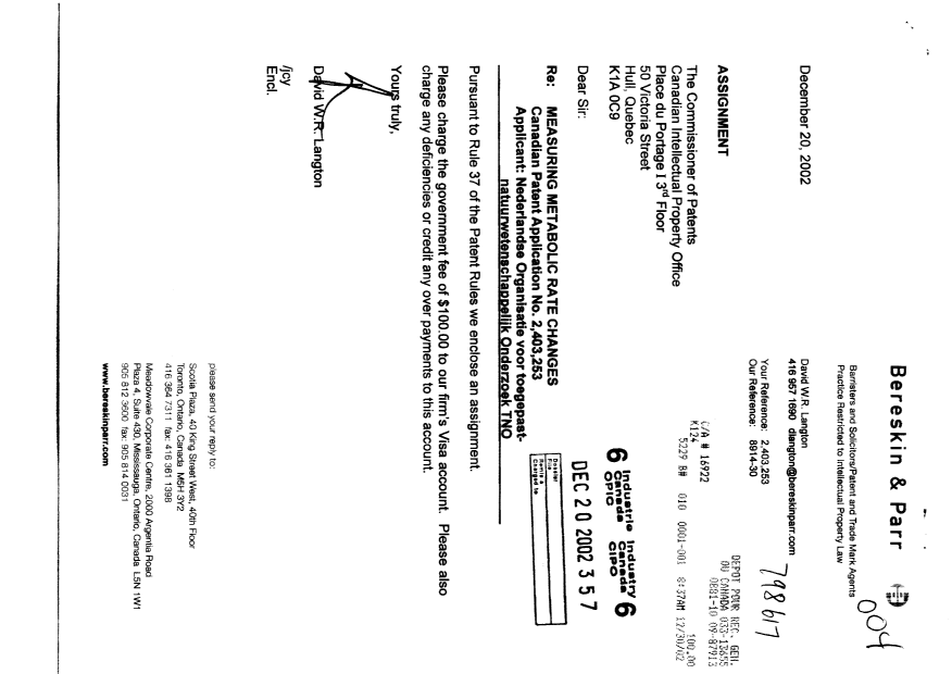 Document de brevet canadien 2403253. Cession 20021220. Image 1 de 2
