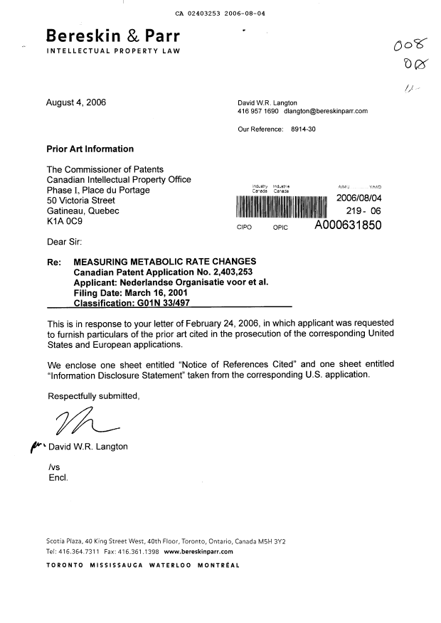 Document de brevet canadien 2403253. Poursuite-Amendment 20060804. Image 1 de 1