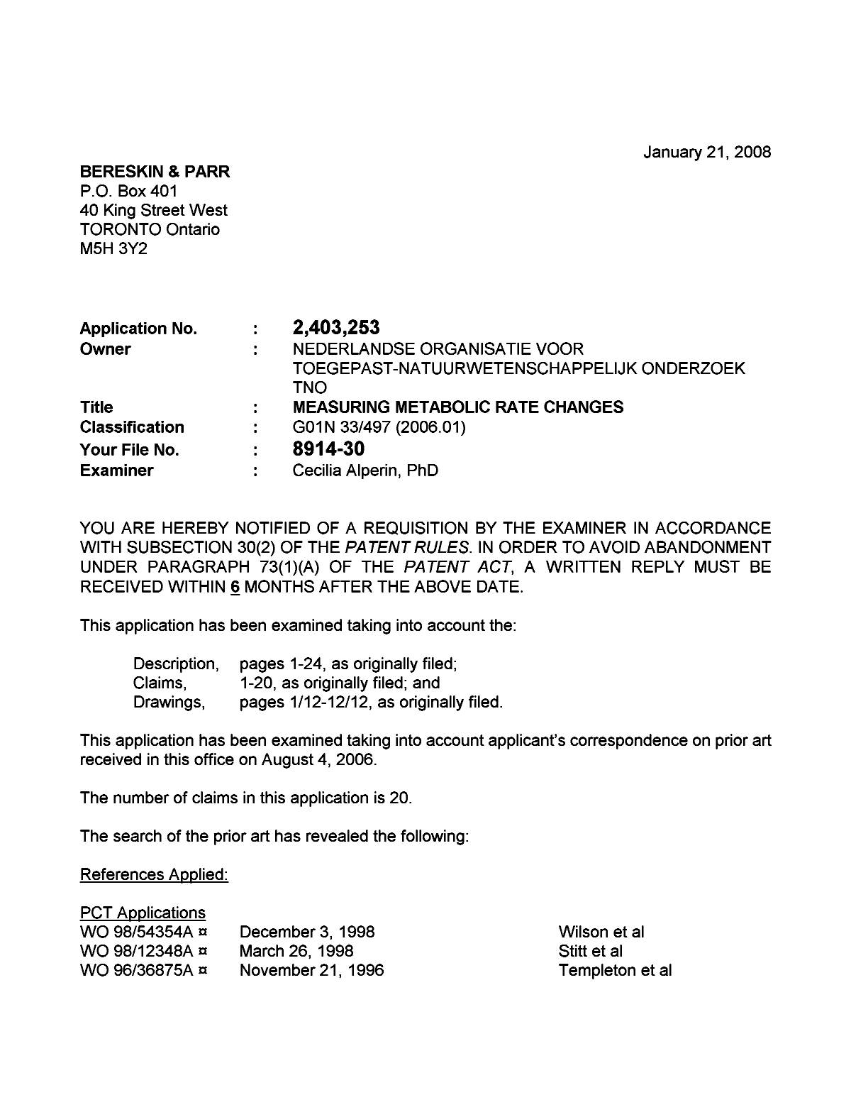 Document de brevet canadien 2403253. Poursuite-Amendment 20080121. Image 1 de 5