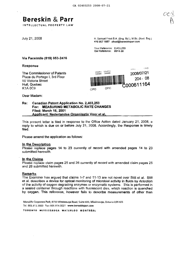 Document de brevet canadien 2403253. Poursuite-Amendment 20080721. Image 1 de 17