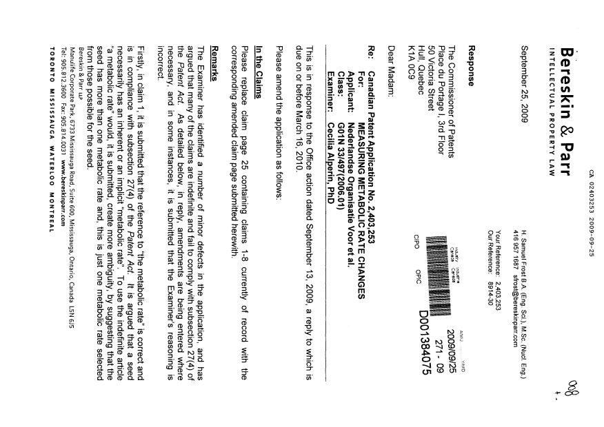 Canadian Patent Document 2403253. Prosecution-Amendment 20090925. Image 1 of 3