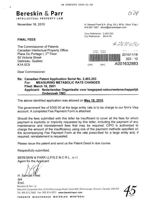 Document de brevet canadien 2403253. Correspondance 20101118. Image 1 de 1