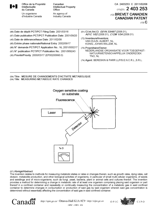 Document de brevet canadien 2403253. Page couverture 20110113. Image 1 de 1