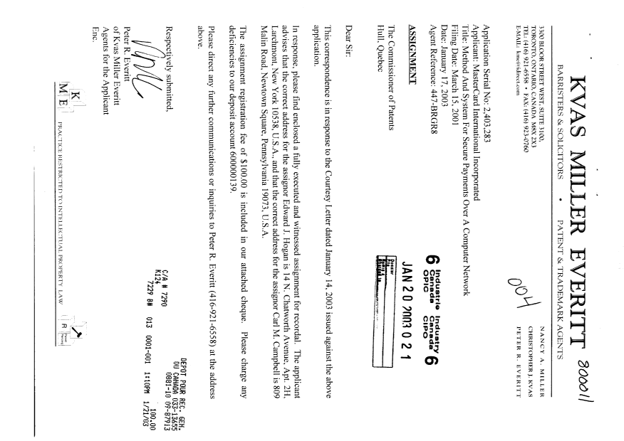 Document de brevet canadien 2403283. Cession 20030120. Image 1 de 4