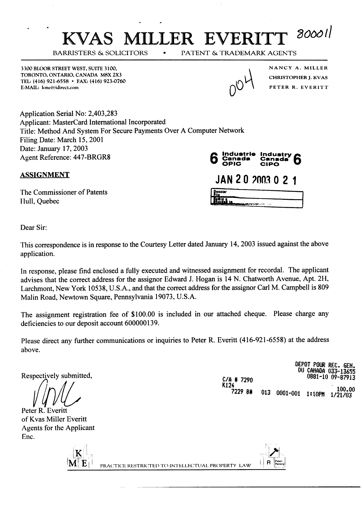 Document de brevet canadien 2403283. Cession 20030120. Image 1 de 4