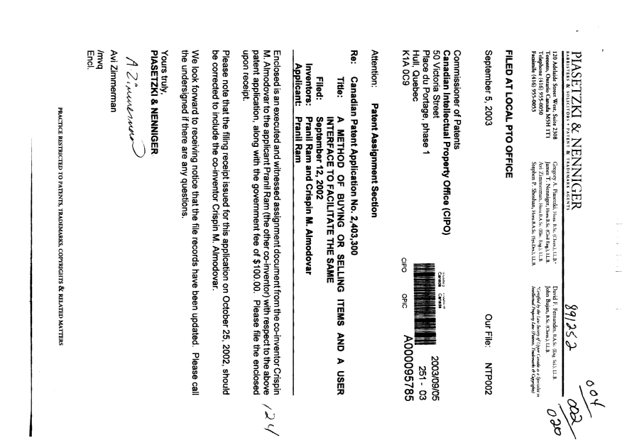 Document de brevet canadien 2403300. Correspondance 20030905. Image 1 de 1