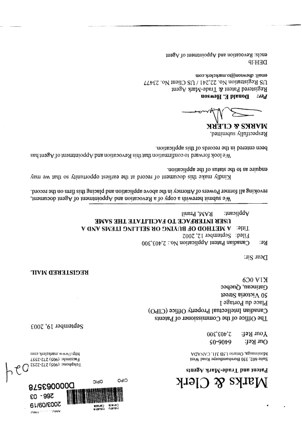 Canadian Patent Document 2403300. Correspondence 20030919. Image 1 of 2